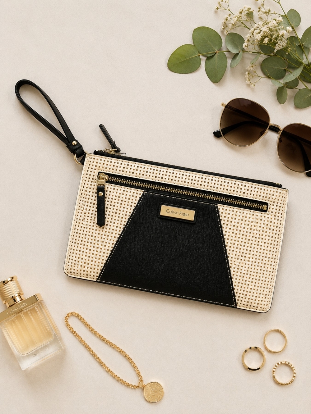 Calvin Klein Cream And Black Wristlet with Front Zippered Pocket
